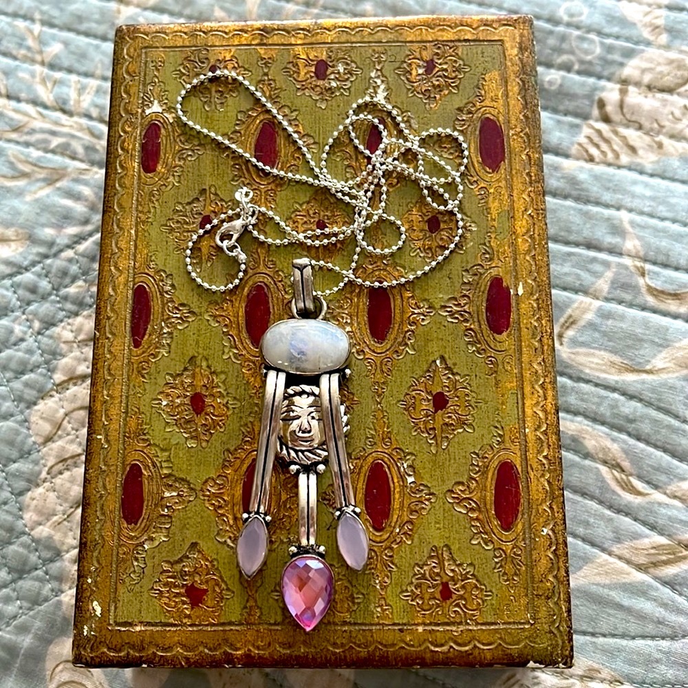 Sterling silver moonstone sun ornate pendant on 13” inch tiny ball chain
